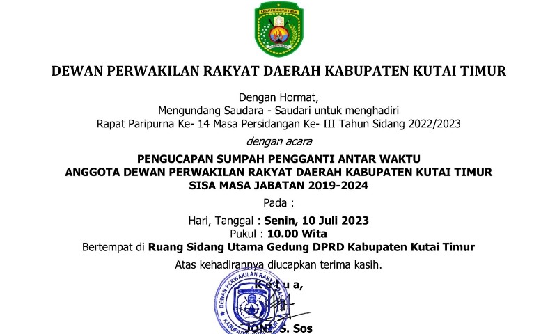 Pengucapan Sumpah Pengganti Antar Waktu Anggota DPRD Kutim Akan Digelar